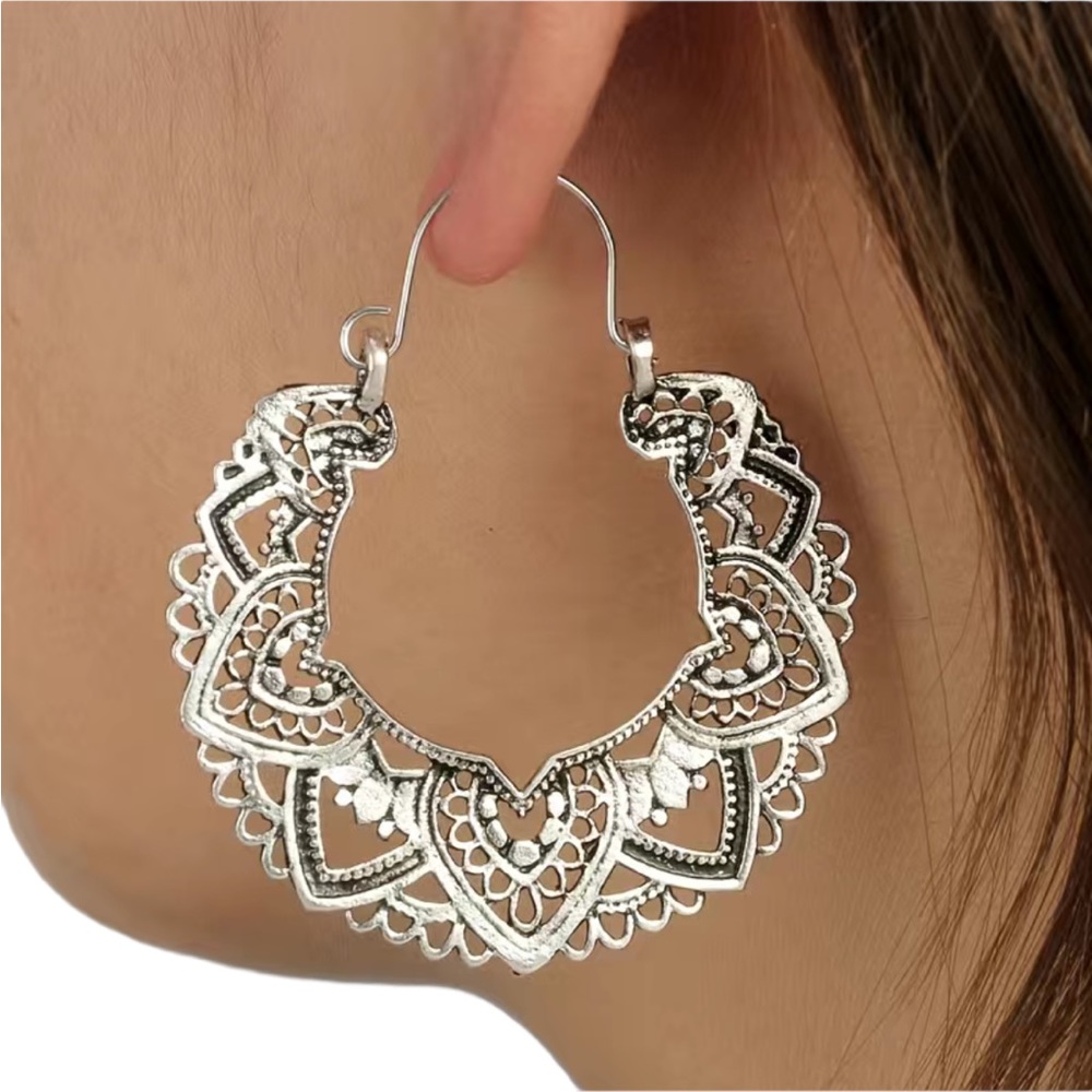 Boho Silver Cut Metal Round Hoop Drop Earrings